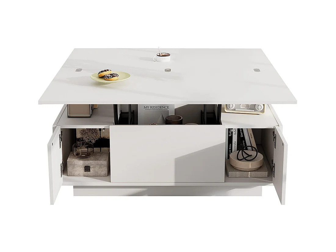 Table basse avec mécanisme de levage moderne double espace de rangement caché blanc