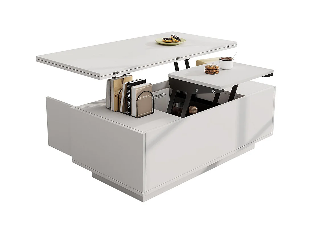 Table basse avec mécanisme de levage moderne double espace de rangement caché blanc