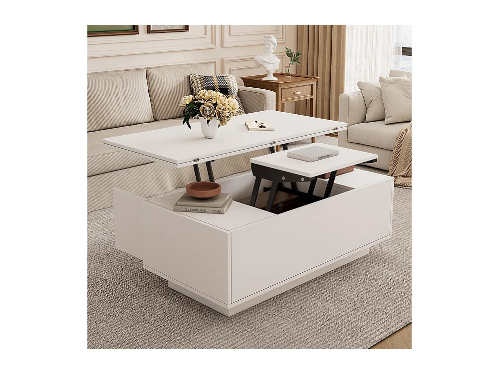 Table basse avec mécanisme de levage moderne double espace de rangement caché blanc