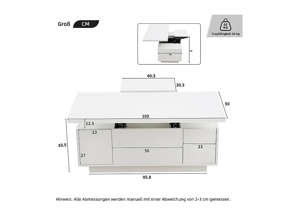 Table basse avec mécanisme de levage moderne double espace de rangement caché blanc