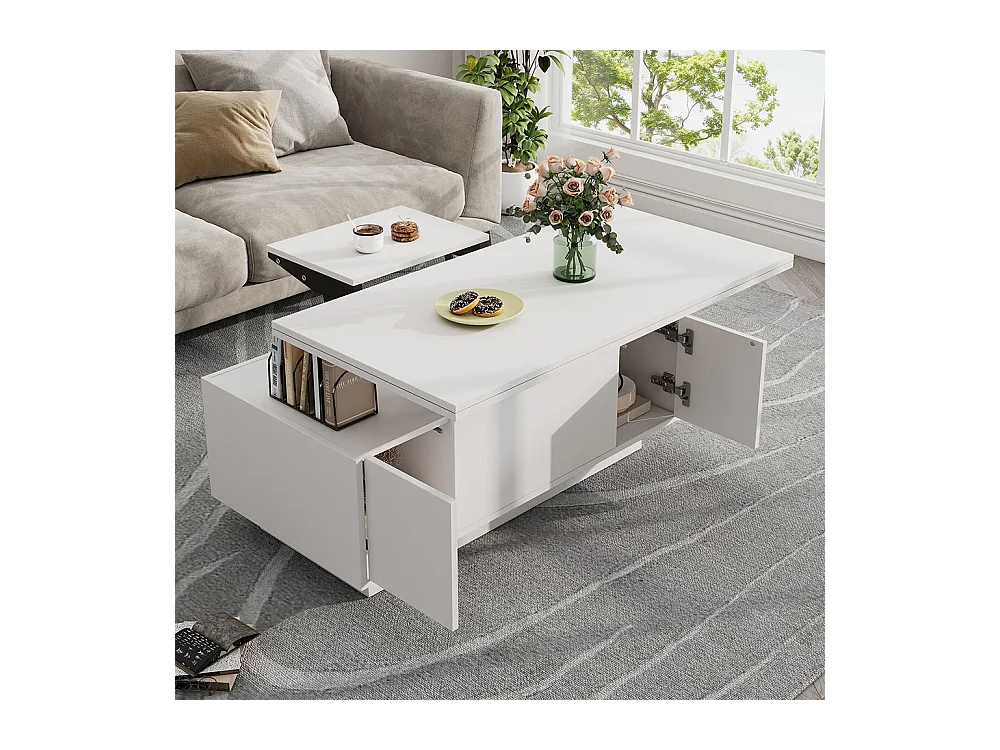 Table basse avec mécanisme de levage moderne double espace de rangement caché blanc