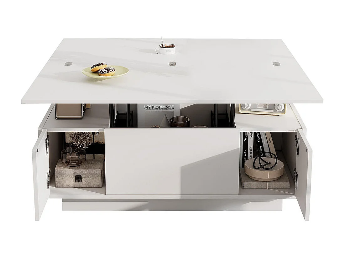 Table basse avec mécanisme de levage moderne double espace de rangement caché blanc