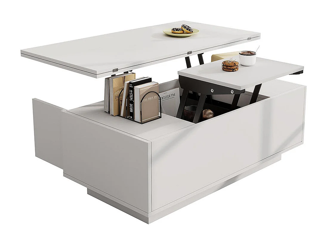 Table basse avec mécanisme de levage moderne double espace de rangement caché blanc
