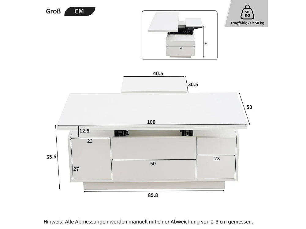Table basse avec mécanisme de levage moderne double espace de rangement caché blanc