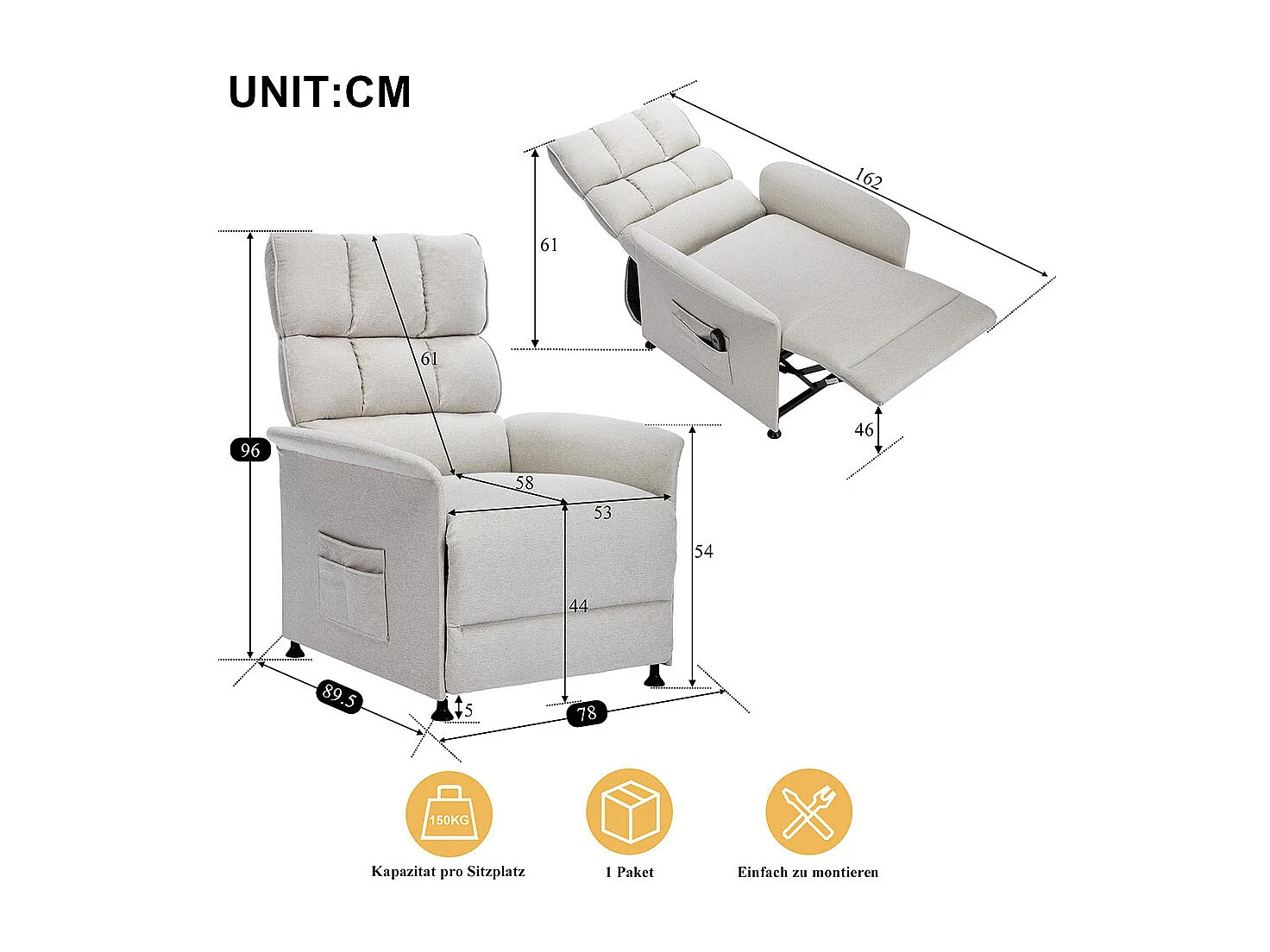 Fauteuil relax fauteuil TV avec télécommande avec sac de rangement beige