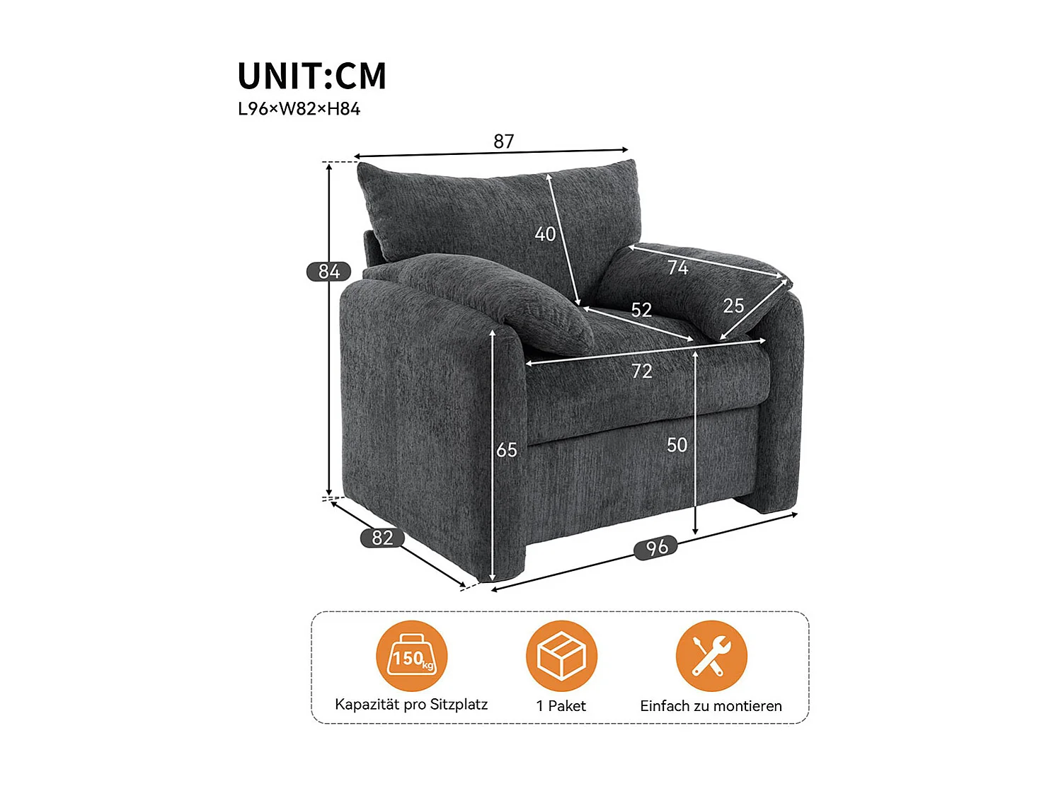 Fauteuil tissu chenille canapé une place chaise de détente convient pour le salon et la chambre à coucher gris