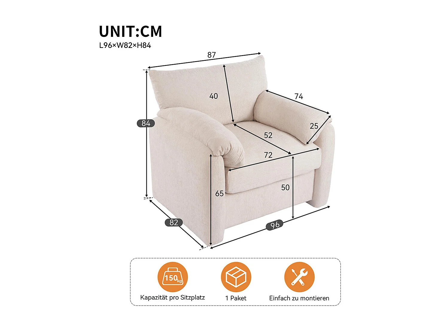 Fauteuil tissu chenille canapé une place chaise de détente convient pour le salon et la chambre à coucher beige