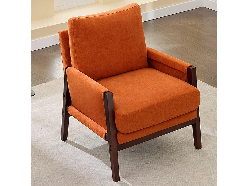 Fauteuil rembourré structure en bois massif tissu en velours chenille orange
