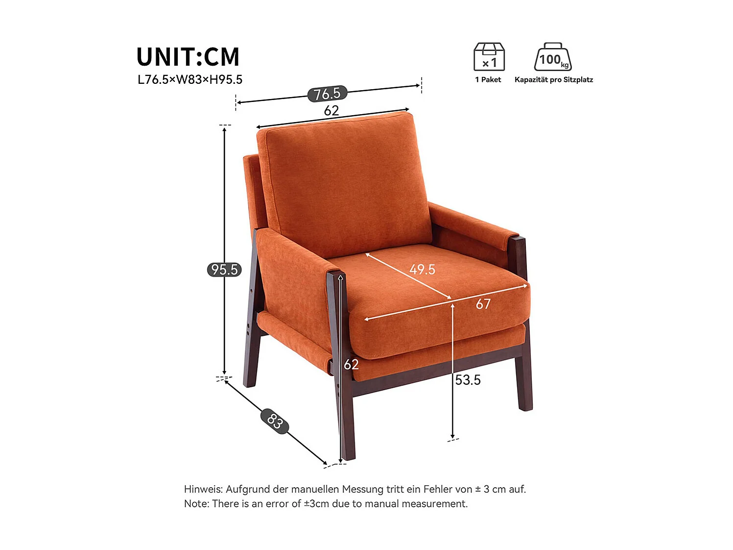 Fauteuil rembourré structure en bois massif tissu en velours chenille orange