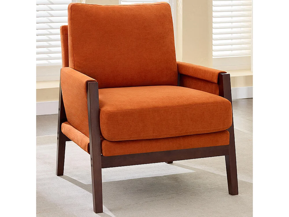 Fauteuil rembourré structure en bois massif tissu en velours chenille orange