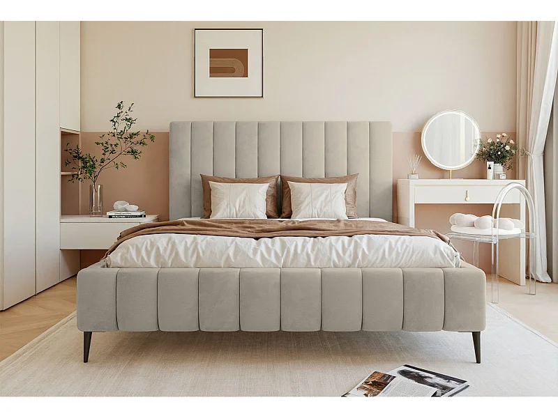 Lit coffre avec pieds - 160x200 cm - en tissu velours beige clair - FIARRO