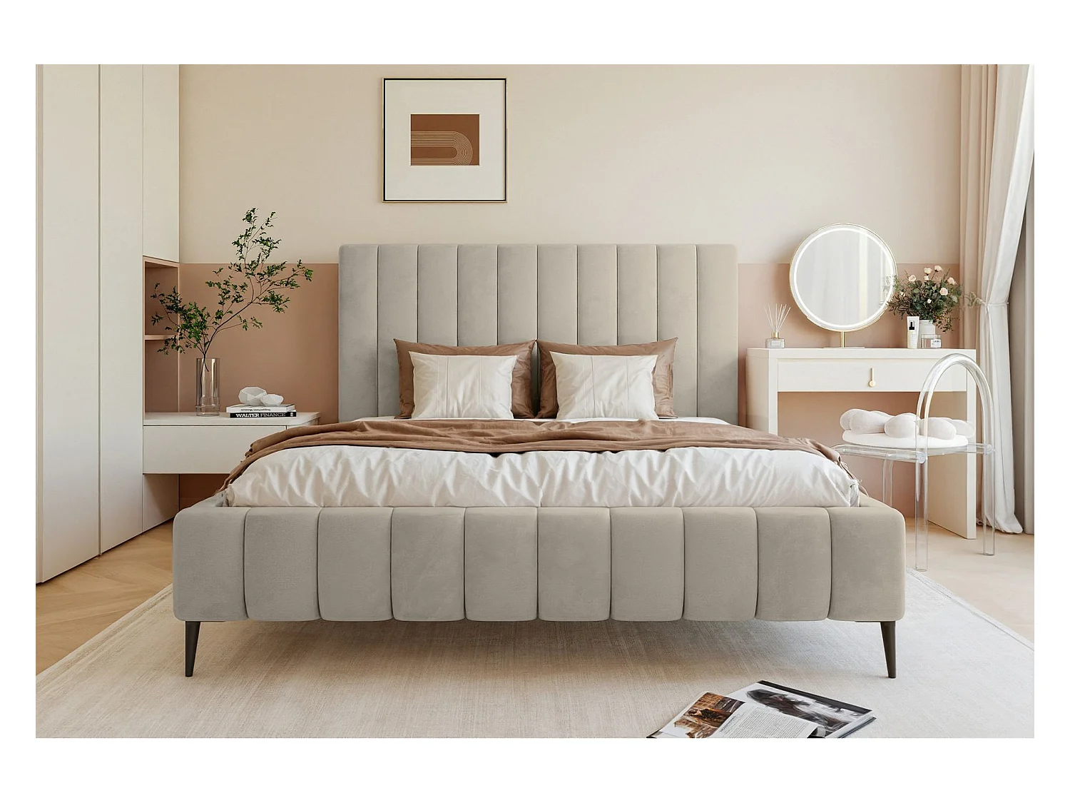 Lit coffre avec pieds - 160x200 cm - en tissu velours beige clair - FIARRO