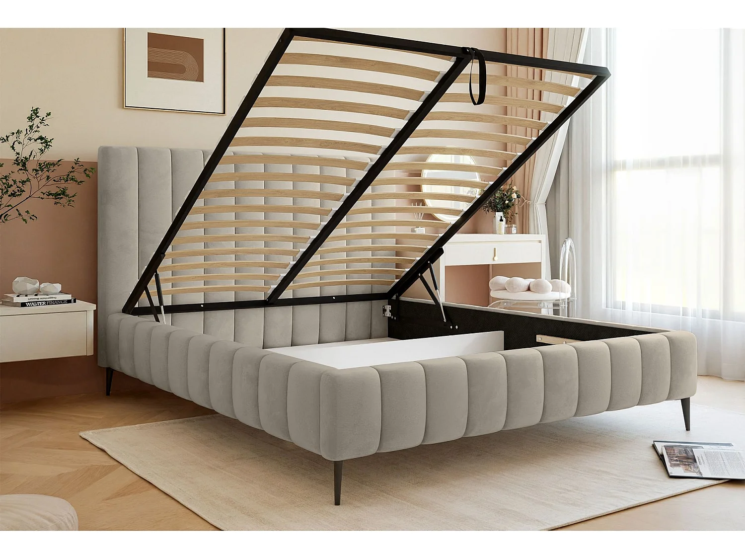 Lit coffre avec pieds - 160x200 cm - en tissu velours beige clair - FIARRO