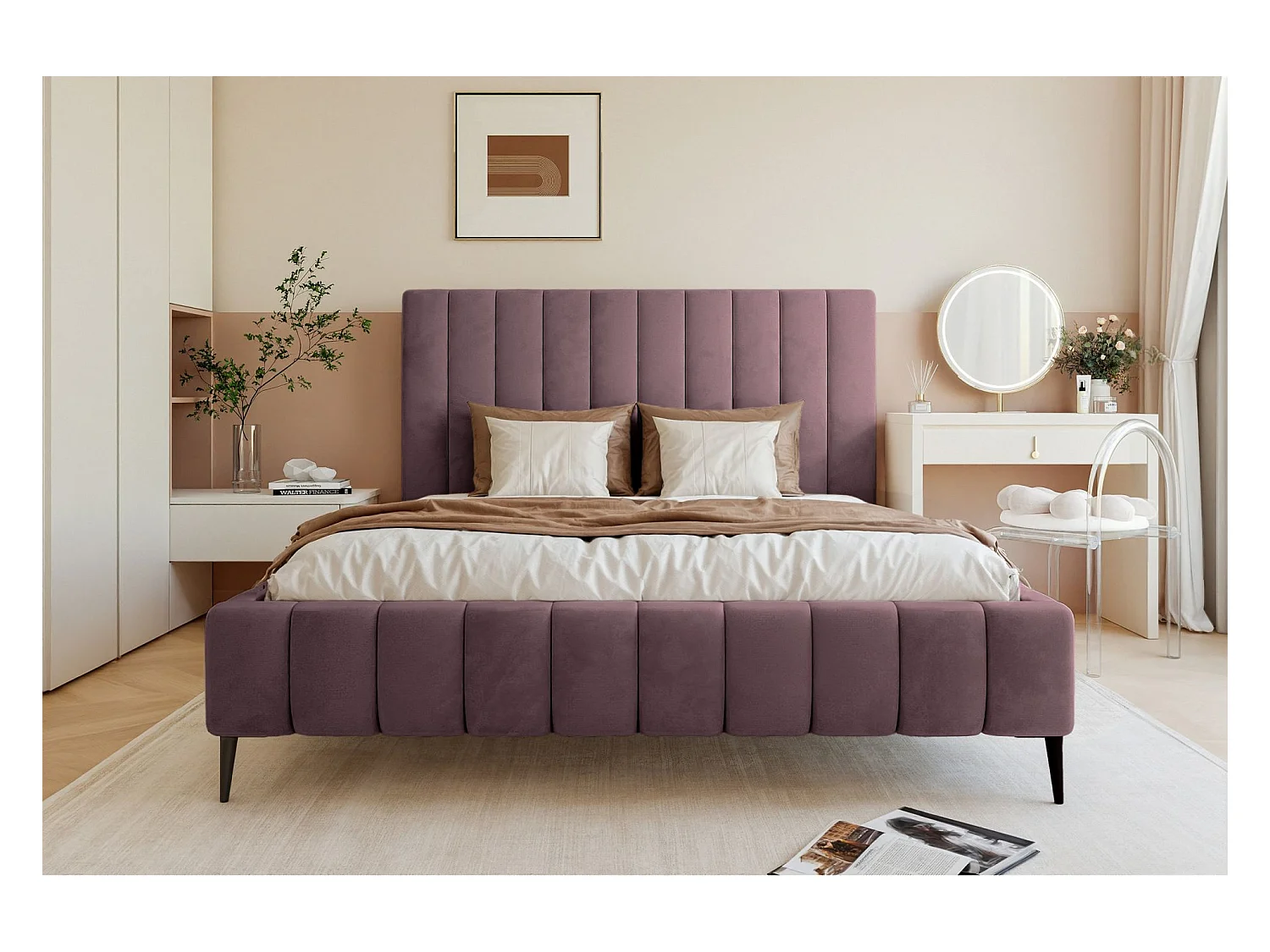Lit coffre avec pieds - 160x200 cm - en tissu velours violet - FIARRO