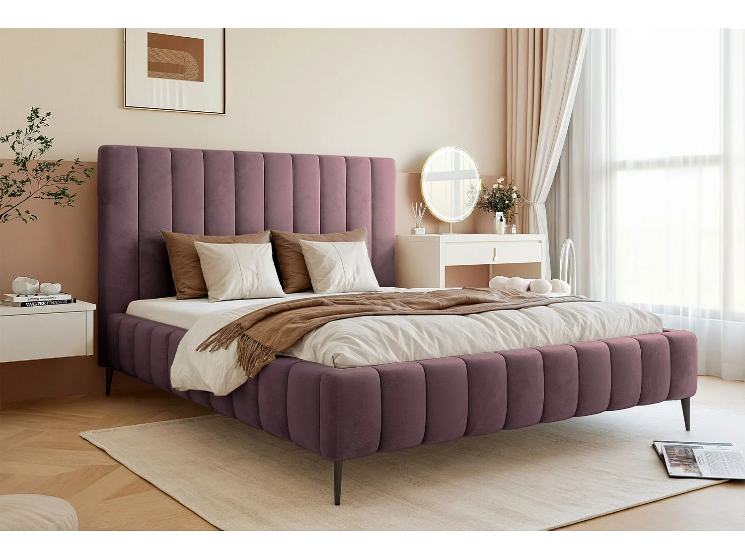 Lit coffre avec pieds - 160x200 cm - en tissu velours violet - FIARRO