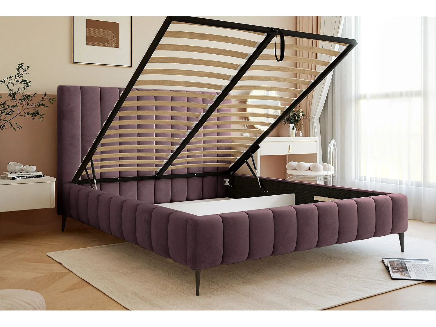 Lit coffre avec pieds - 160x200 cm - en tissu velours violet - FIARRO