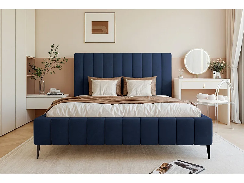 Lit coffre avec pieds - 140x200 cm - en tissu velours marine - FIARRO