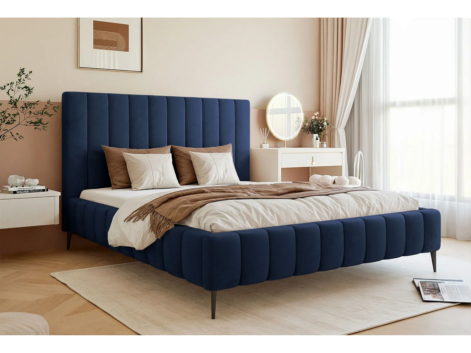 Lit coffre avec pieds - 140x200 cm - en tissu velours marine - FIARRO