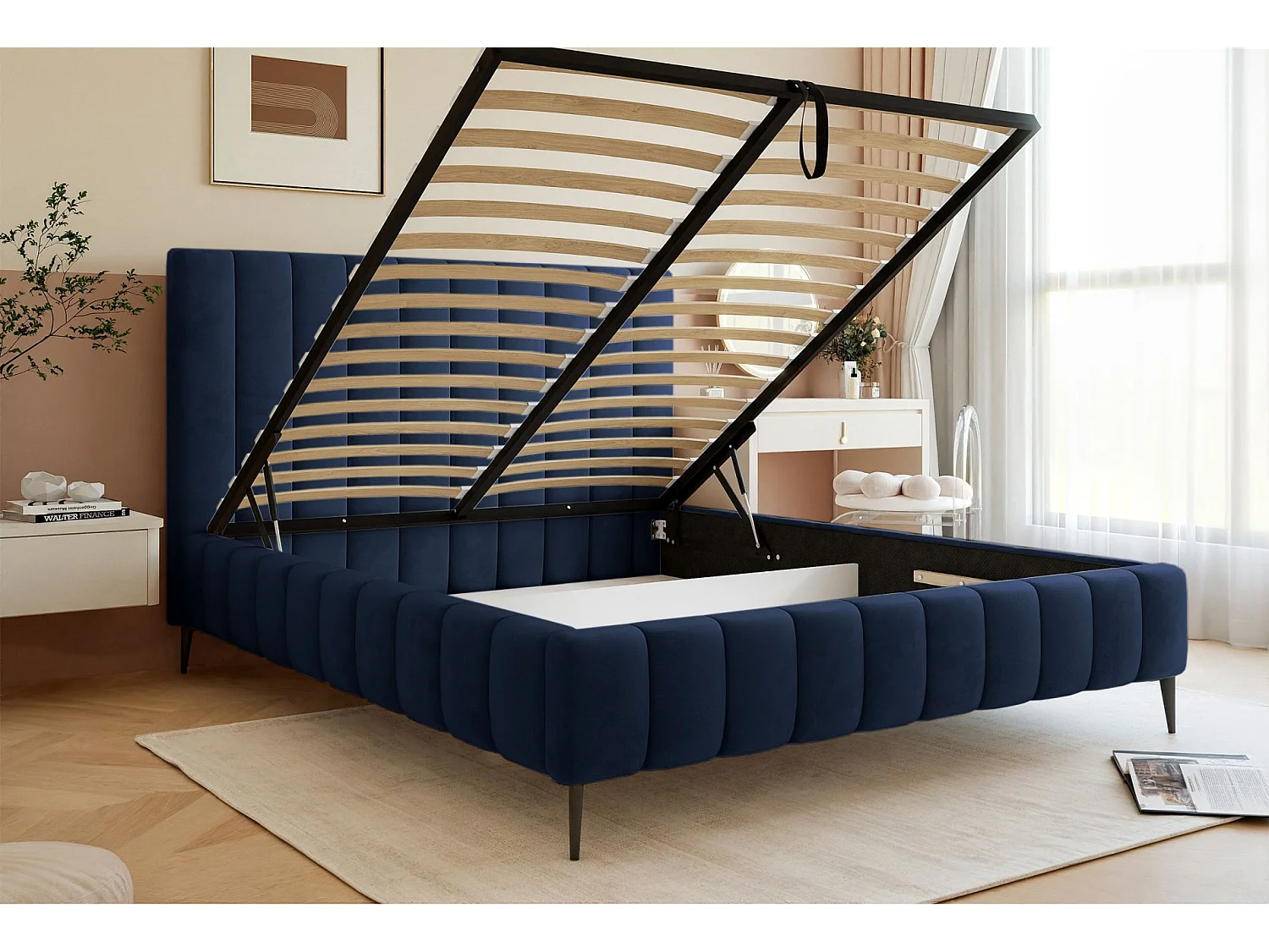 Lit coffre avec pieds - 140x200 cm - en tissu velours marine - FIARRO