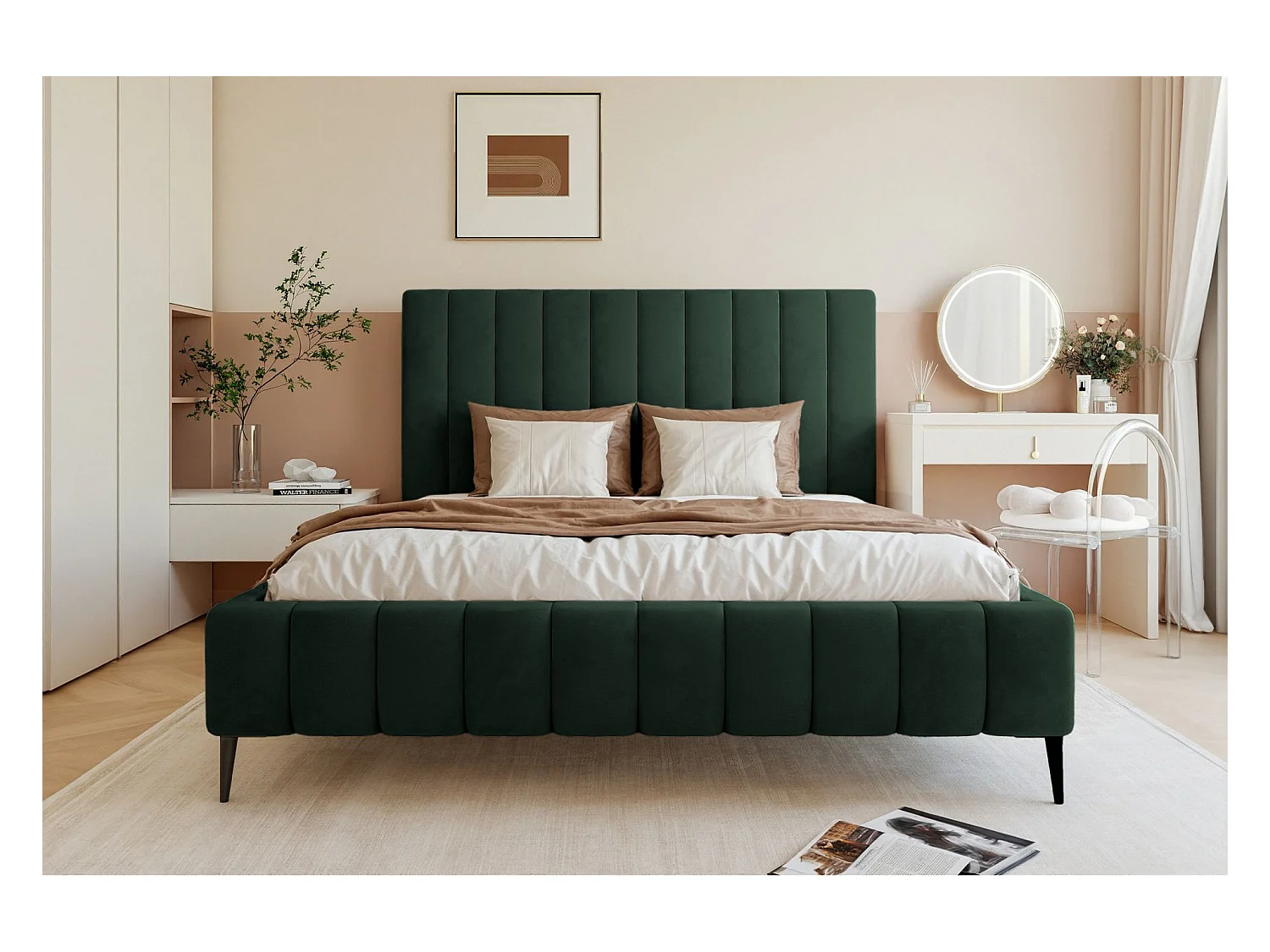 Lit coffre avec pieds - 140x200 cm - en tissu velours vert foncé - FIARRO