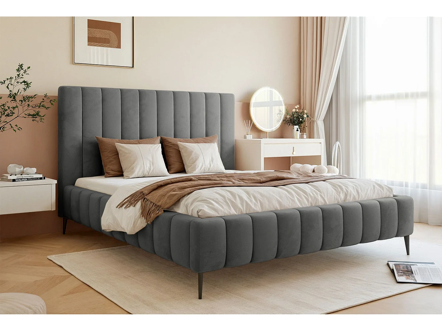 Lit coffre avec pieds - 180x200 cm - en tissu velours gris - FIARRO