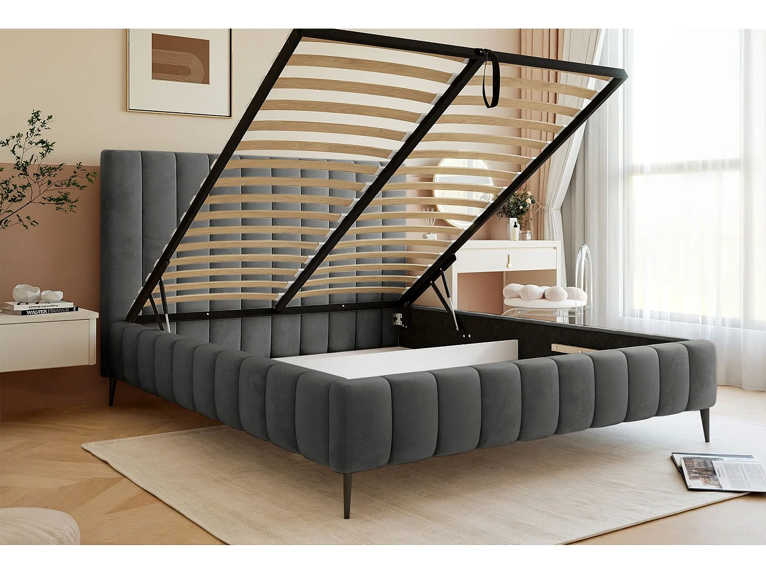 Lit coffre avec pieds - 180x200 cm - en tissu velours gris - FIARRO