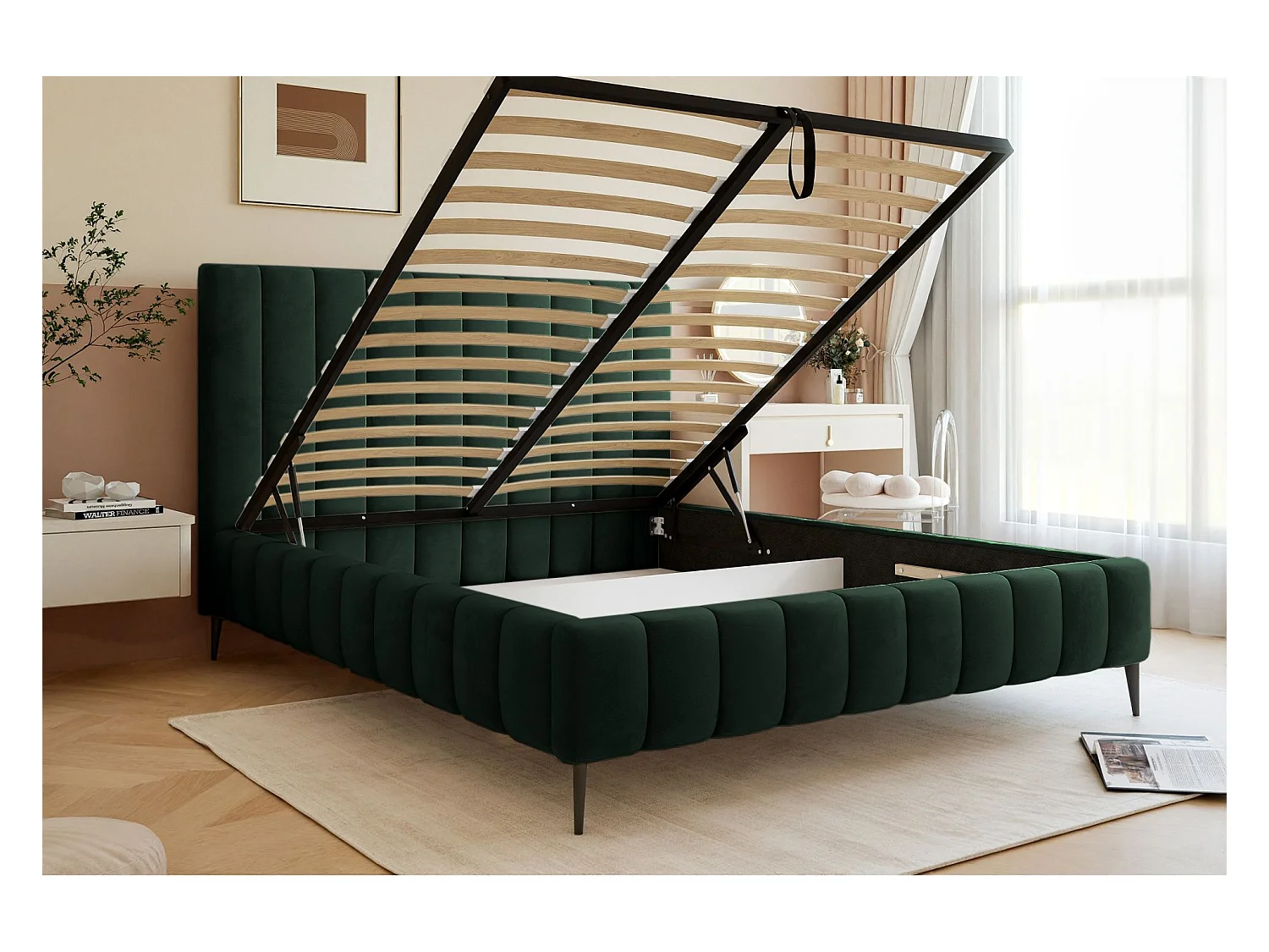 Opbergbed met poten - 160x200 cm - in donkergroene fluwelen stof - FIARRO