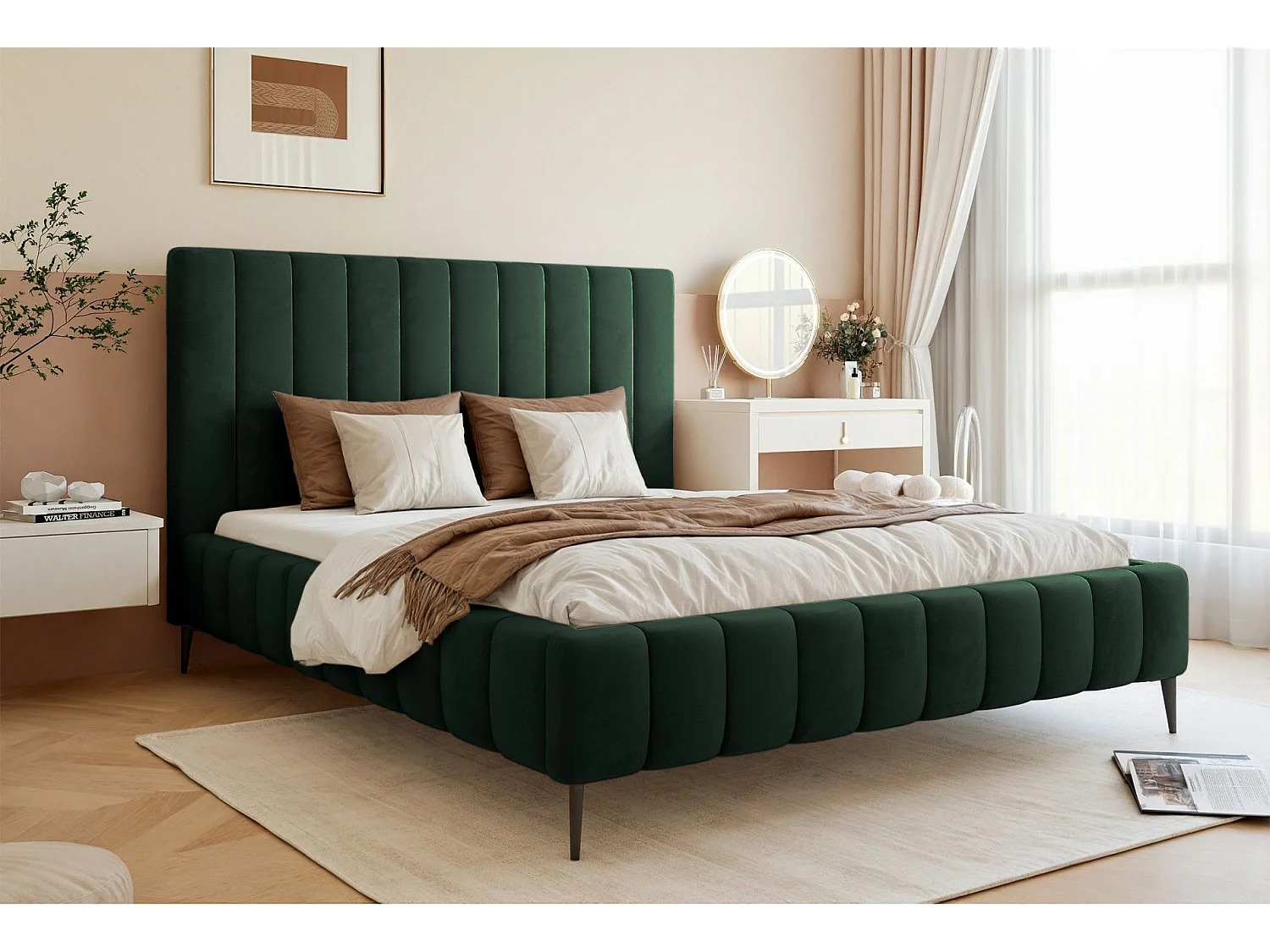 Lit coffre avec pieds - 160x200 cm - en tissu velours vert foncé - FIARRO