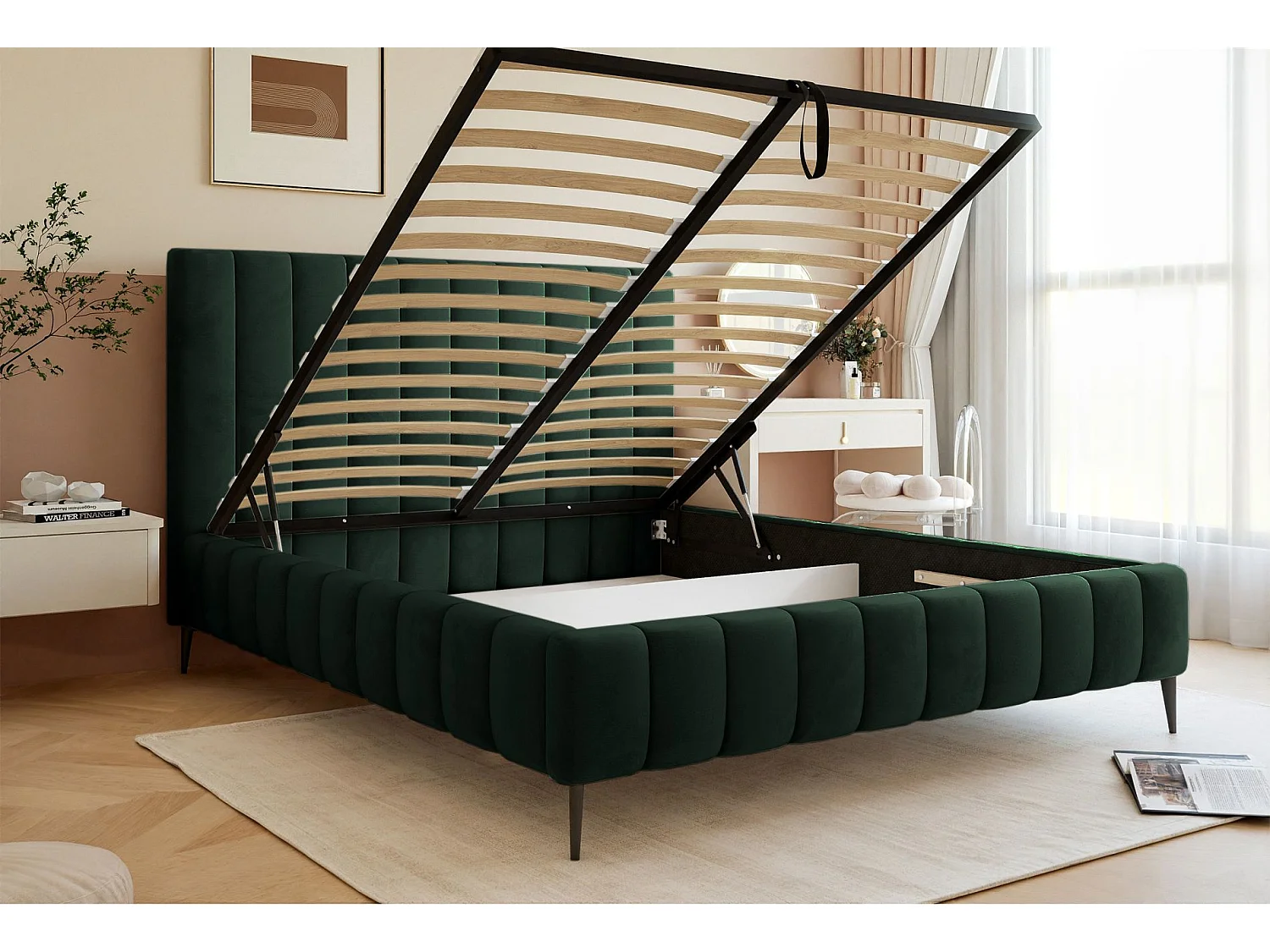 Lit coffre avec pieds - 160x200 cm - en tissu velours vert foncé - FIARRO
