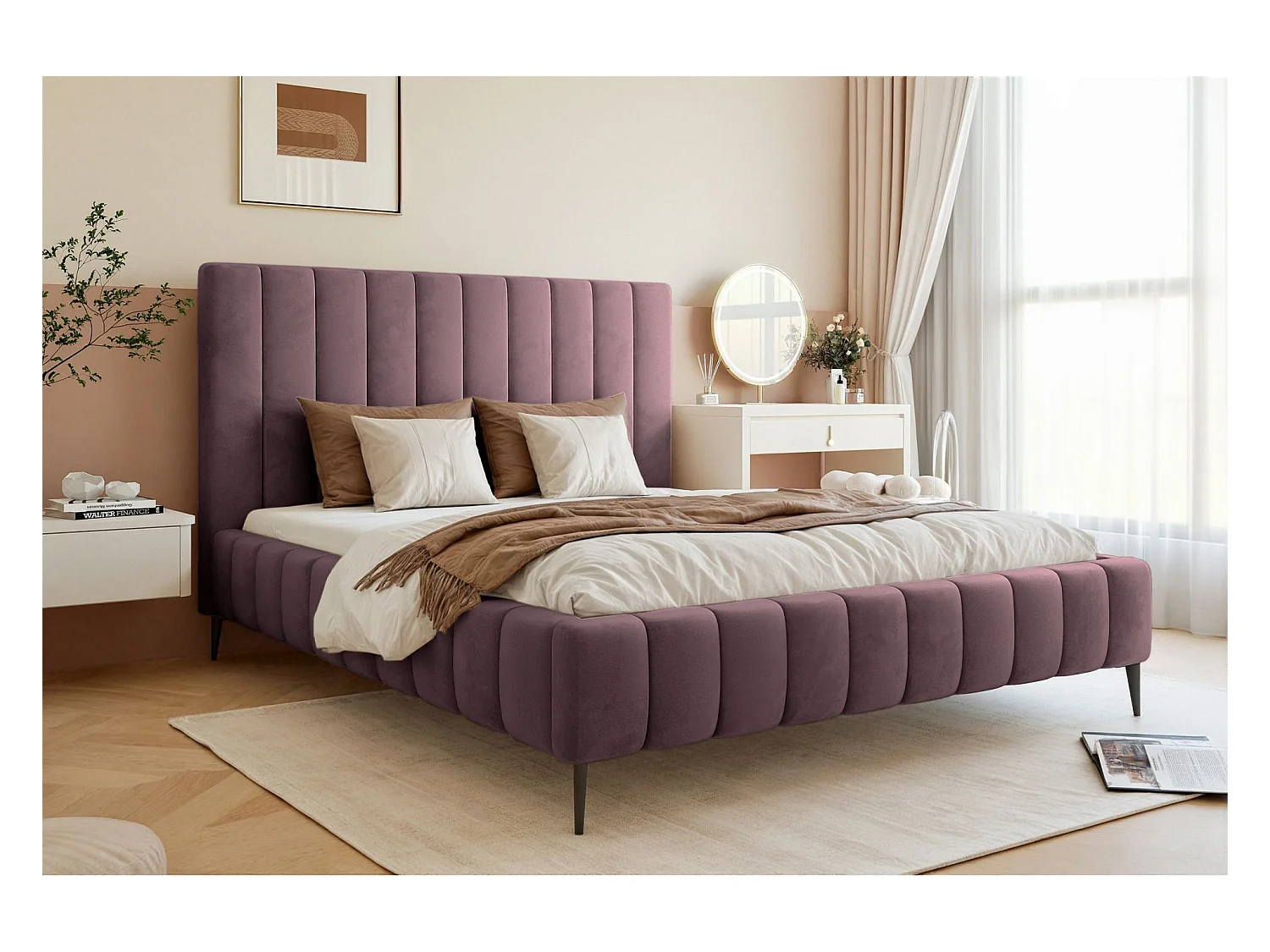 Lit coffre avec pieds - 180x200 cm - en tissu velours violet - FIARRO