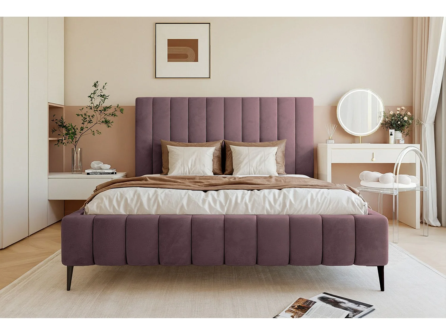Lit coffre avec pieds - 180x200 cm - en tissu velours violet - FIARRO