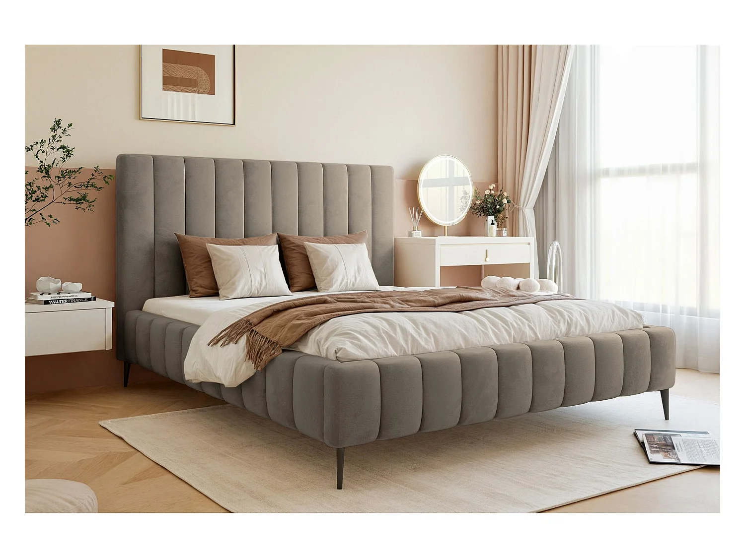 Lit coffre avec pieds - 180x200 cm - en tissu velours gris-beige - FIARRO