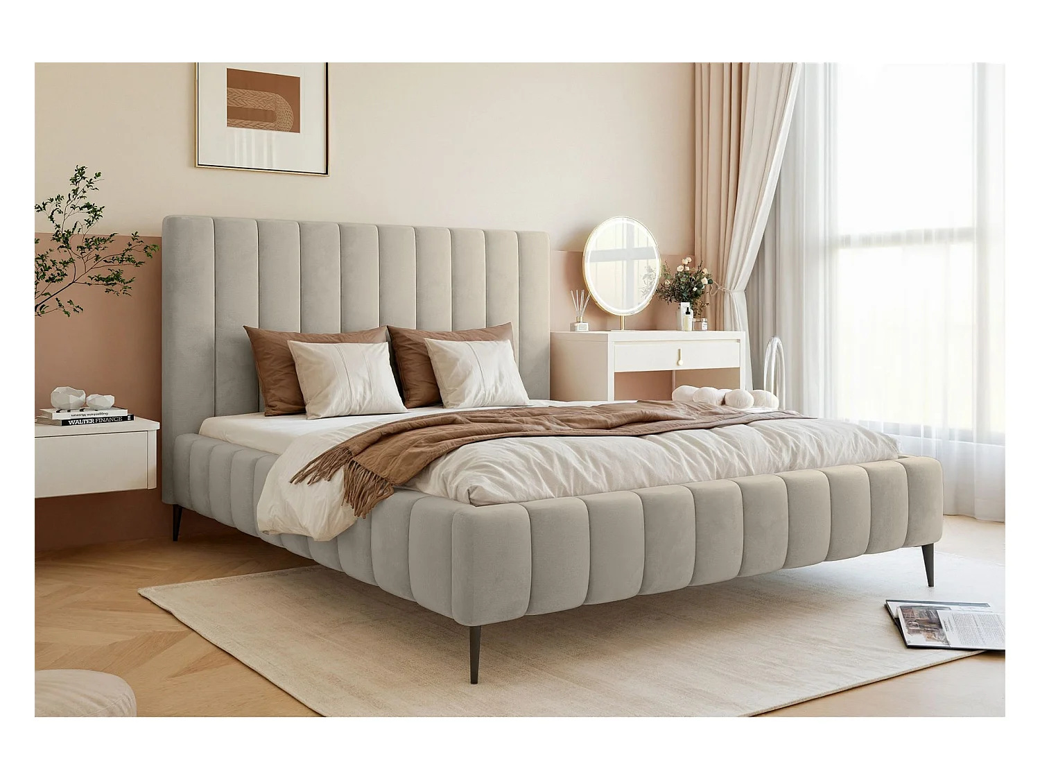 Lit coffre avec pieds - 140x200 cm - en tissu velours beige clair - FIARRO