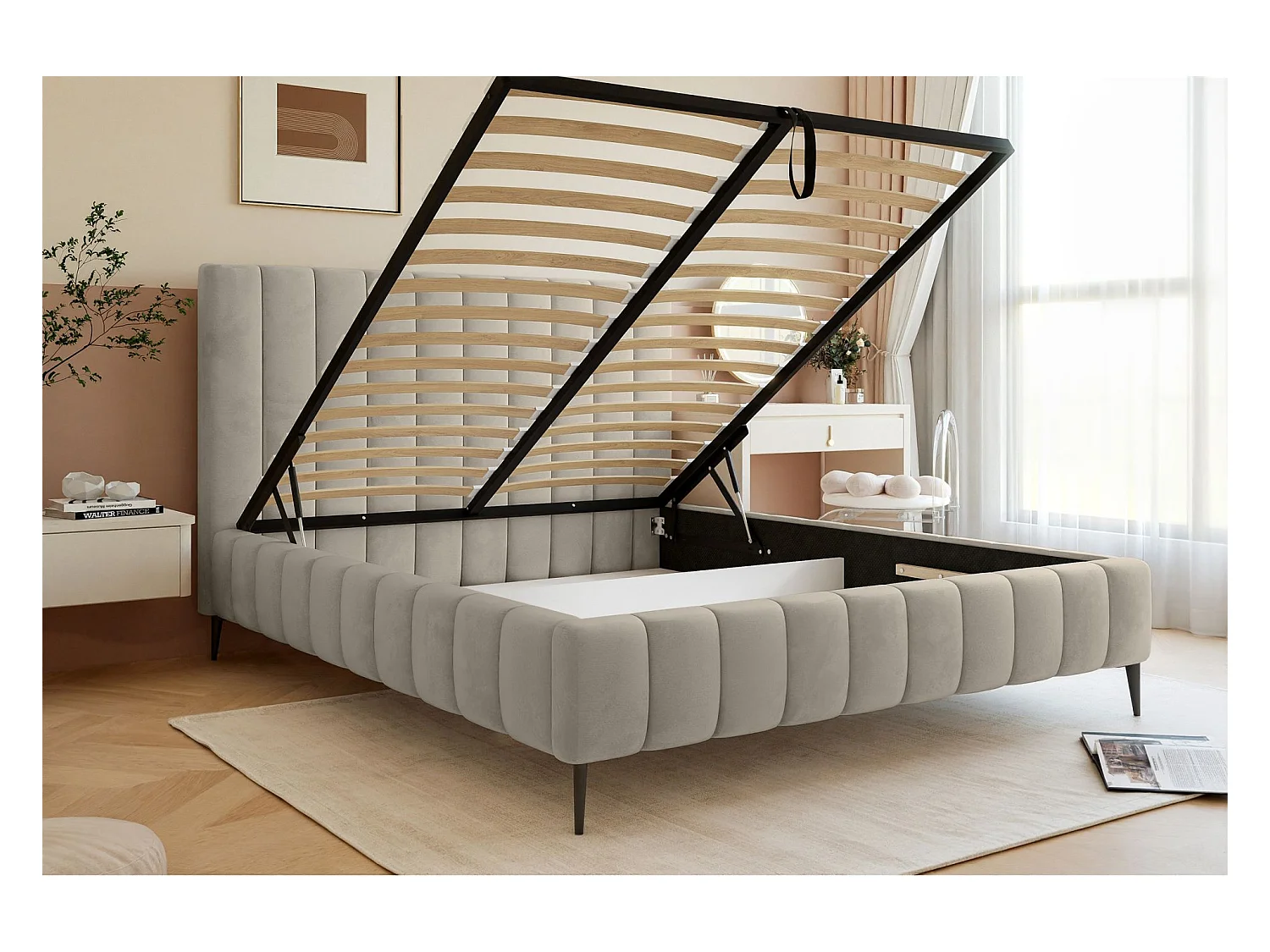 Lit coffre avec pieds - 140x200 cm - en tissu velours beige clair - FIARRO