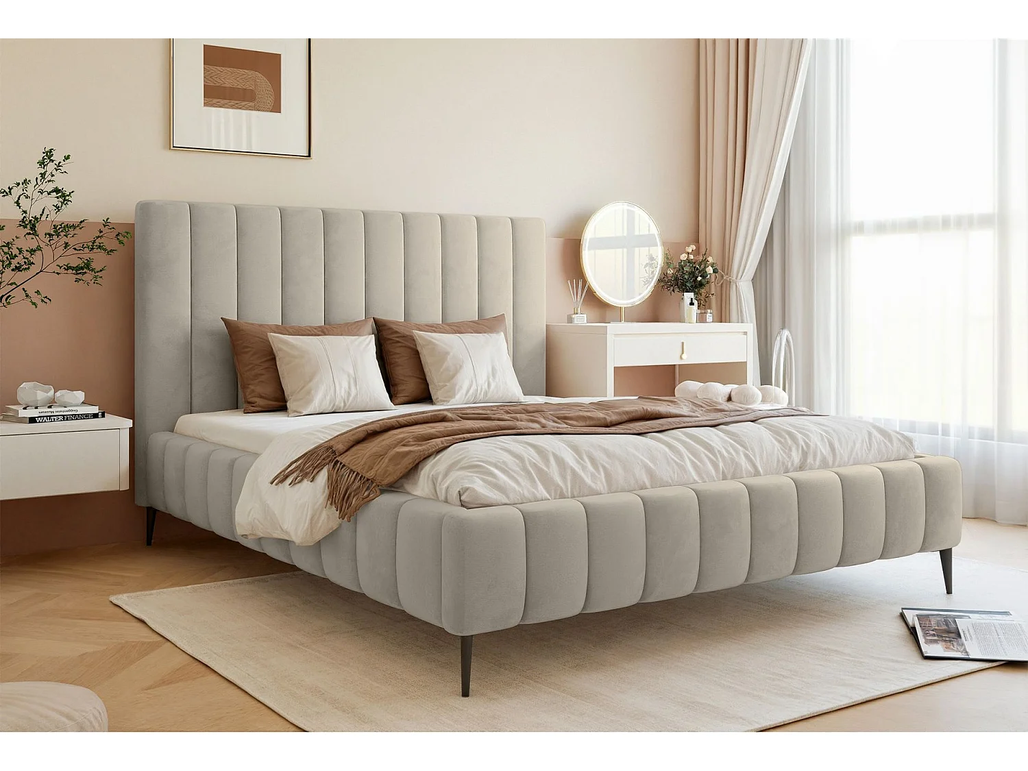 Lit coffre avec pieds - 140x200 cm - en tissu velours beige clair - FIARRO