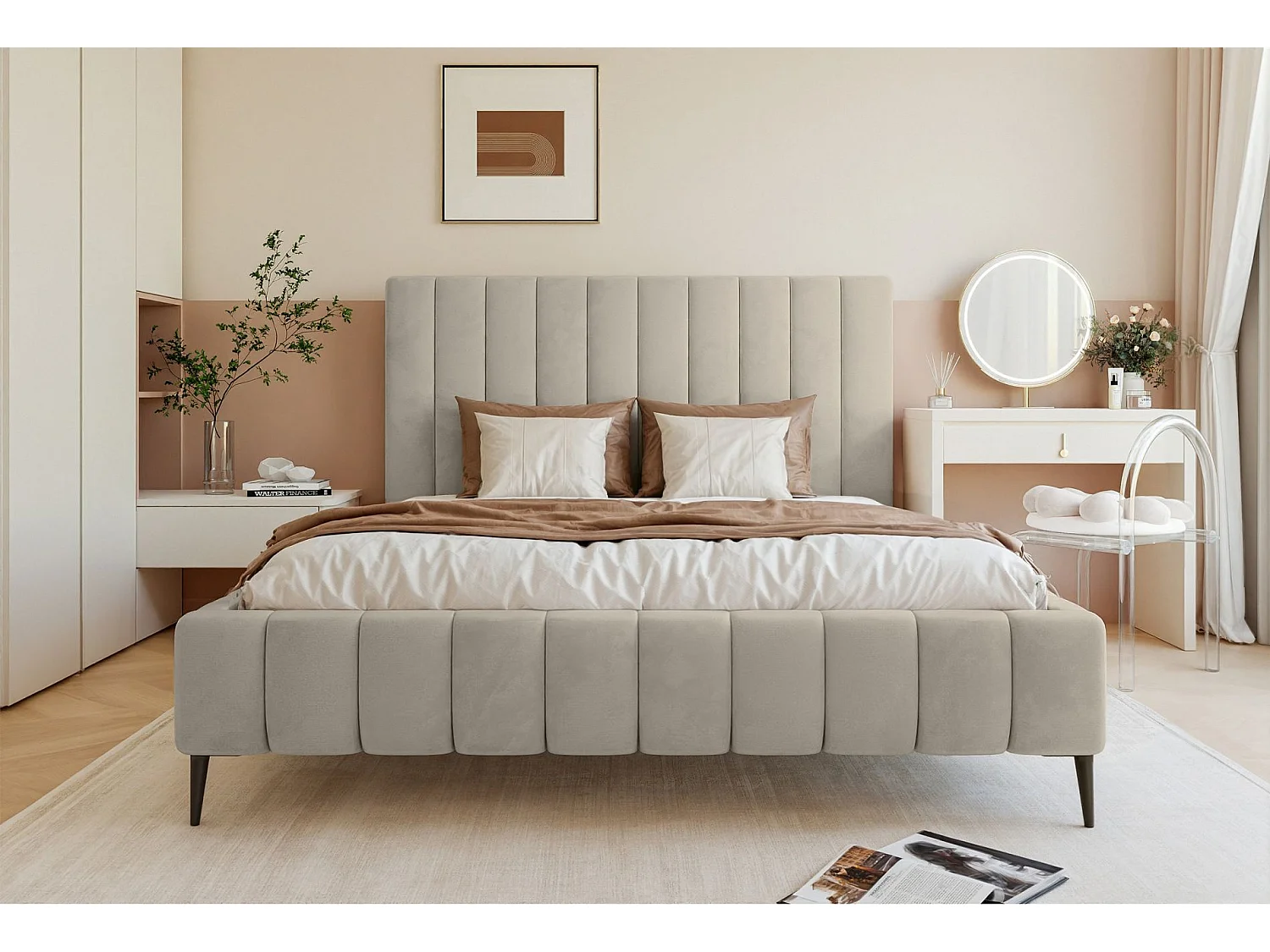 Lit coffre avec pieds - 180x200 cm - en tissu velours beige clair - FIARRO