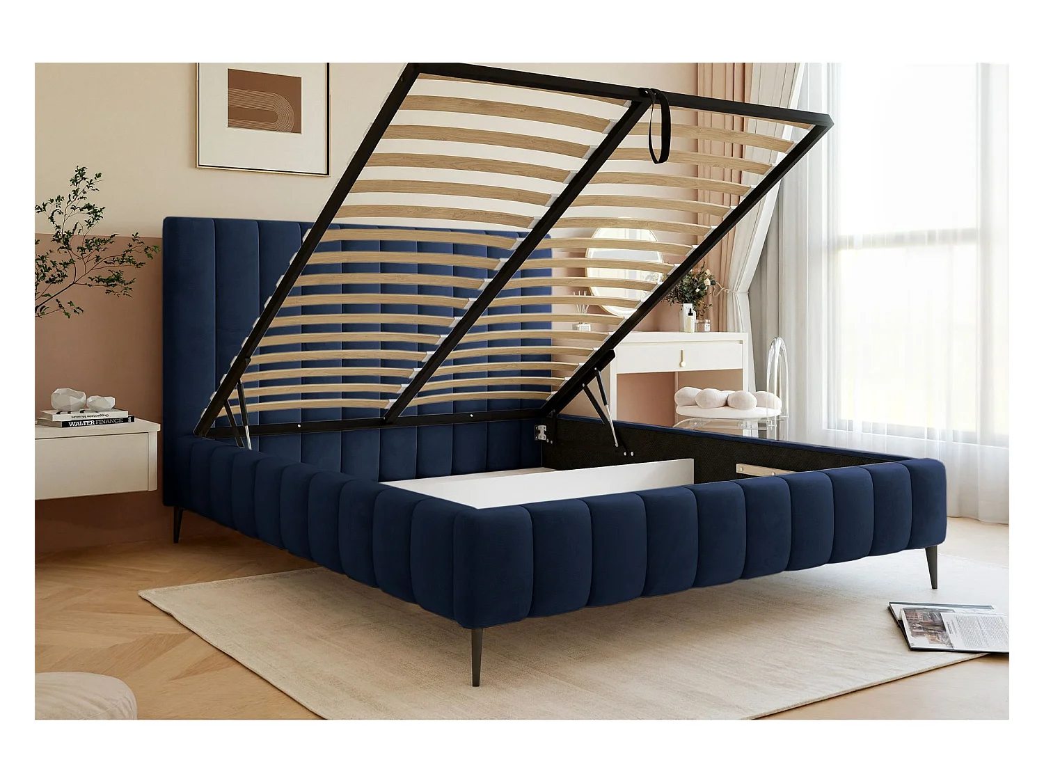 Lit coffre avec pieds - 180x200 cm - en tissu velours marine - FIARRO