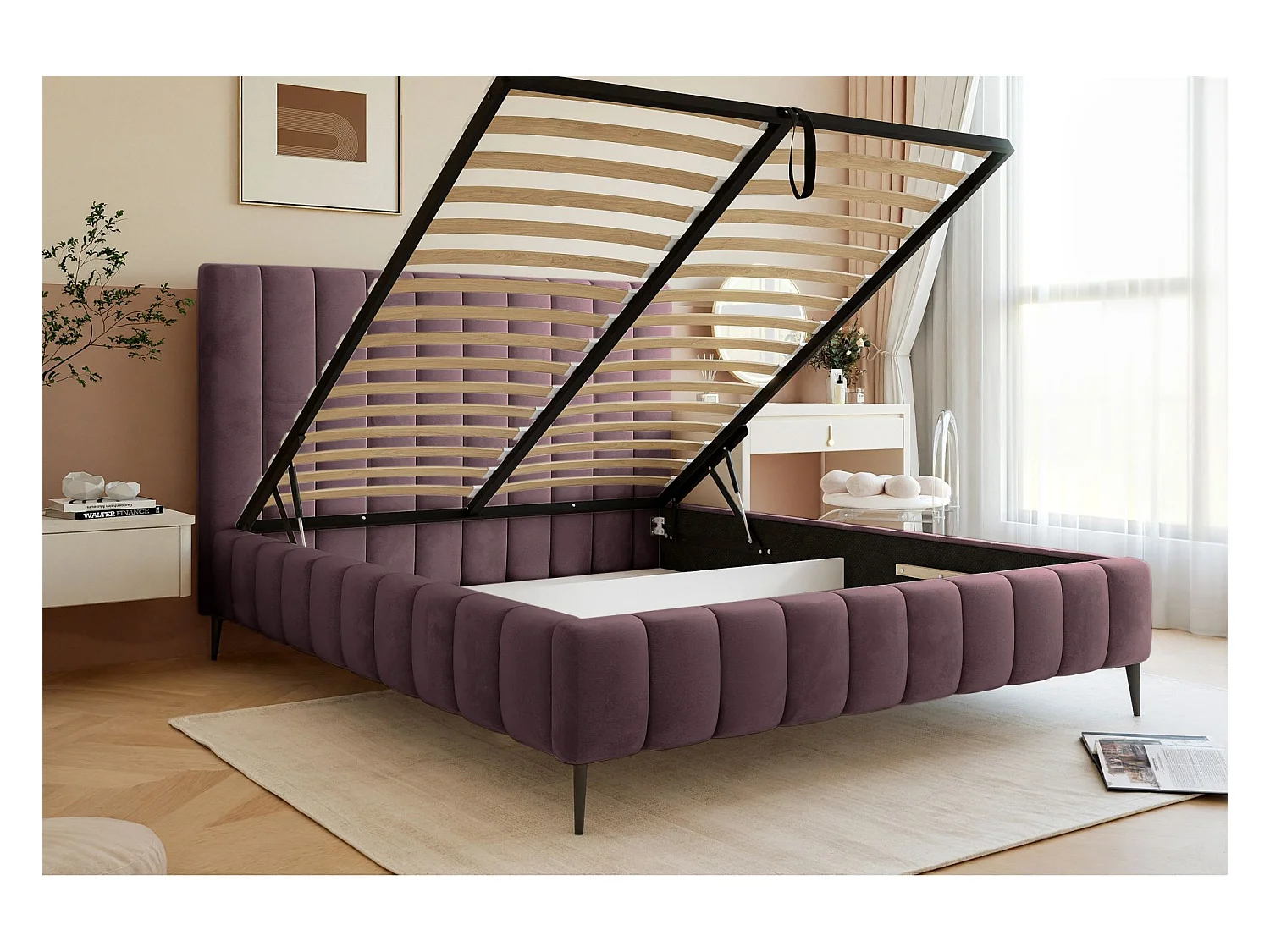 Lit coffre avec pieds - 140x200 cm - en tissu velours violet - FIARRO