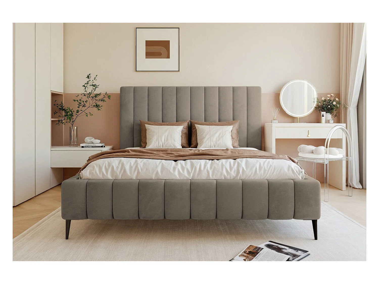 Lit coffre avec pieds - 160x200 cm - en tissu velours gris-beige - FIARRO