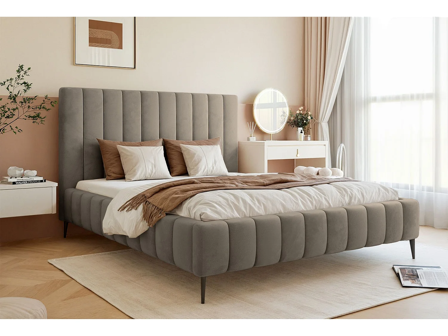 Lit coffre avec pieds - 160x200 cm - en tissu velours gris-beige - FIARRO