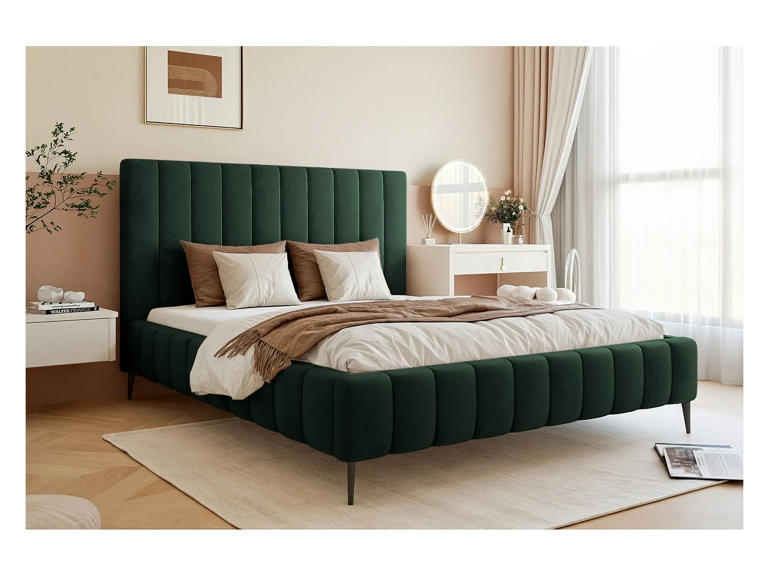 Lit coffre avec pieds - 180x200 cm - en tissu velours vert foncé - FIARRO