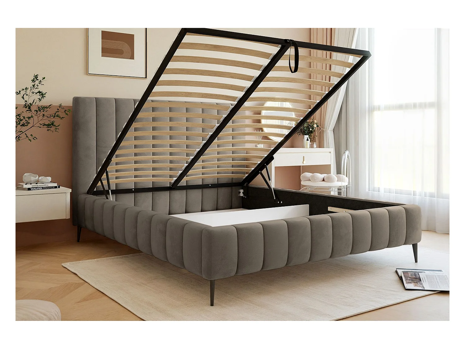 Lit coffre avec pieds - 140x200 cm - en tissu velours gris-beige - FIARRO