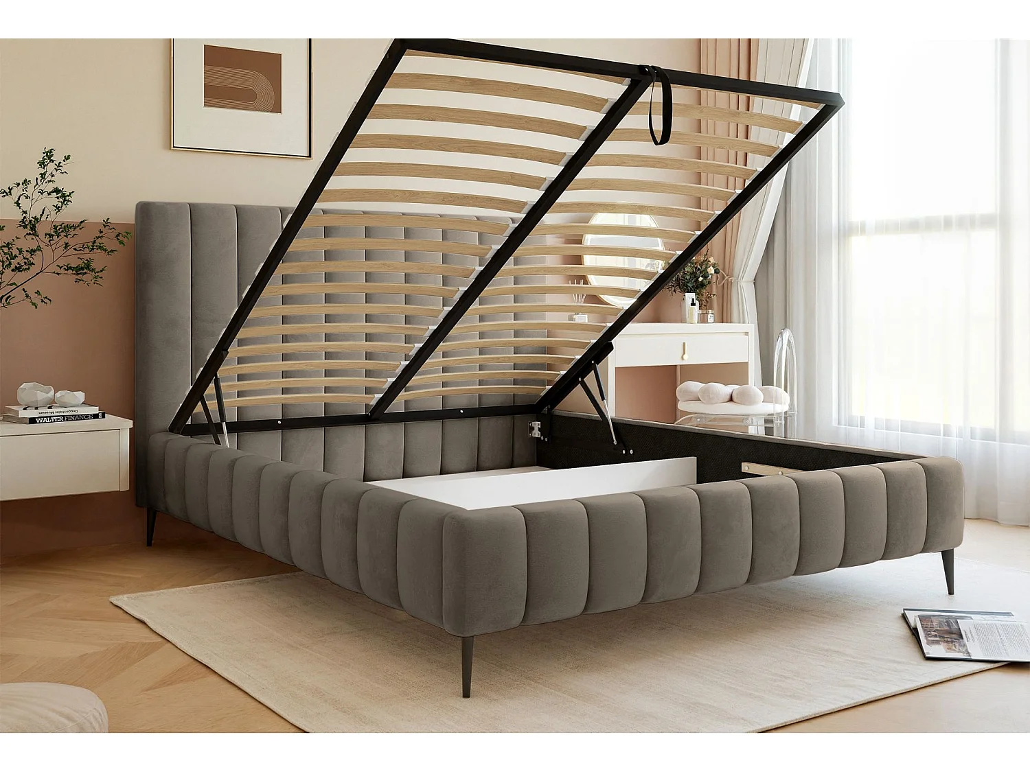 Lit coffre avec pieds - 140x200 cm - en tissu velours gris-beige - FIARRO