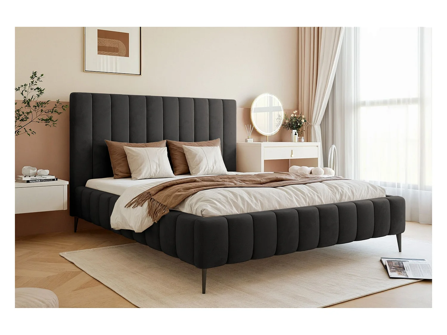 Opbergbed met poten - 140x200 cm - in donkergrijze fluwelen stof - FIARRO