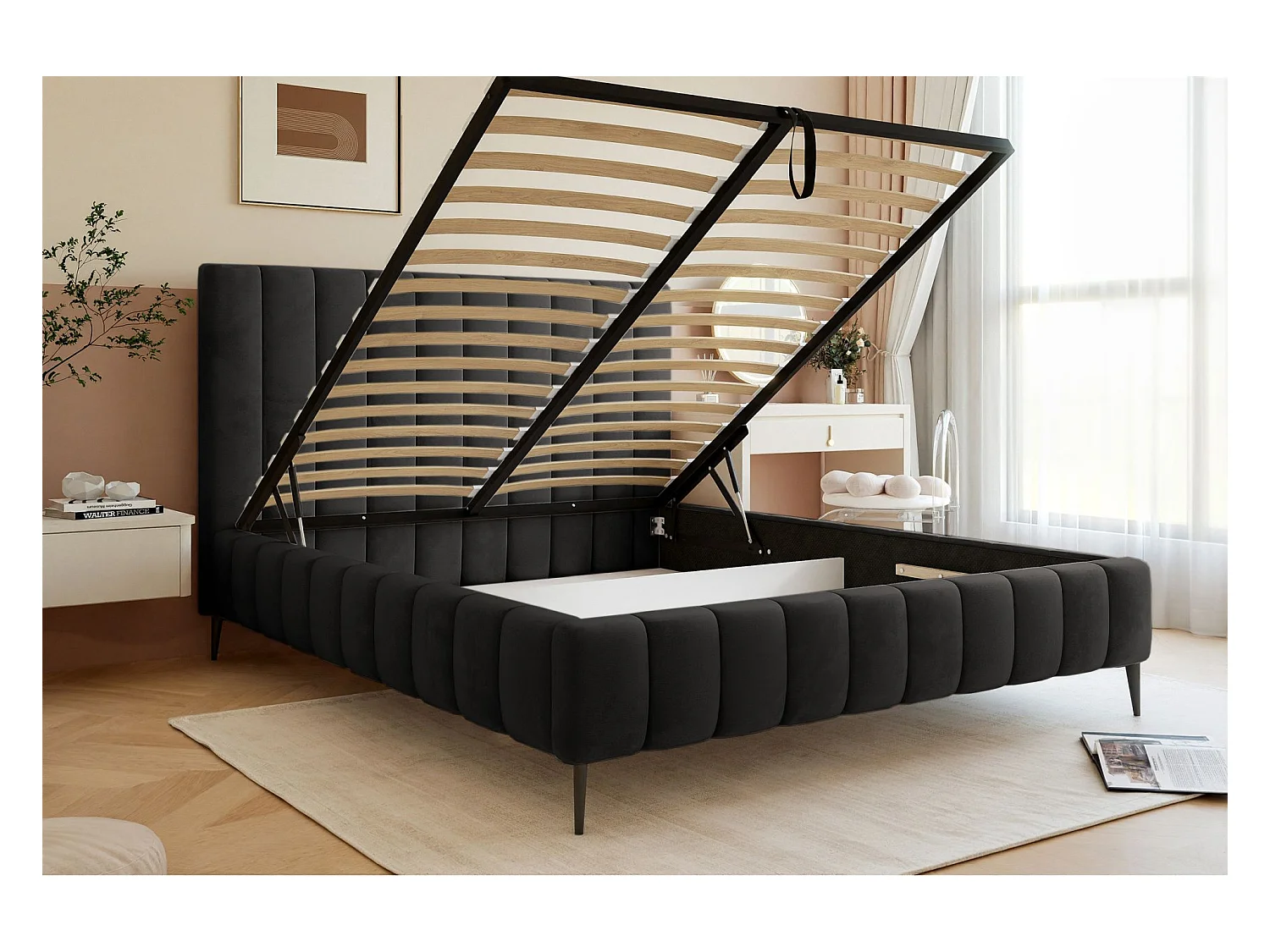 Opbergbed met poten - 140x200 cm - in donkergrijze fluwelen stof - FIARRO