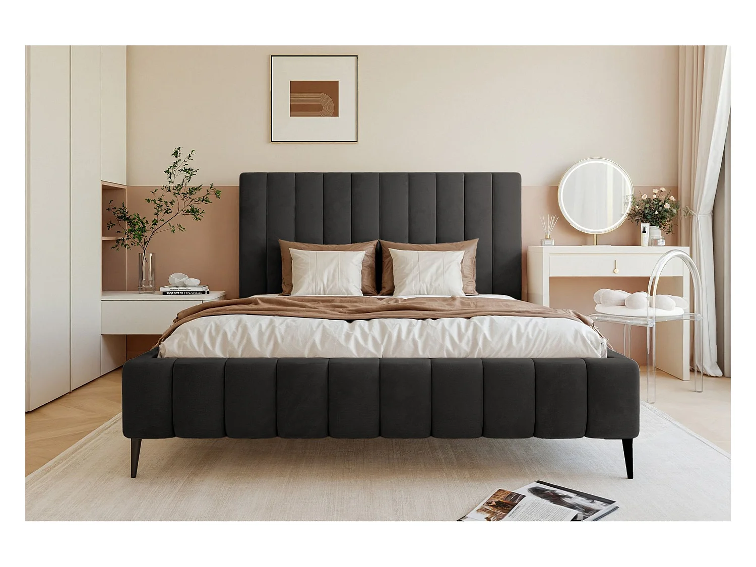Lit coffre avec pieds - 140x200 cm - en tissu velours gris foncé - FIARRO