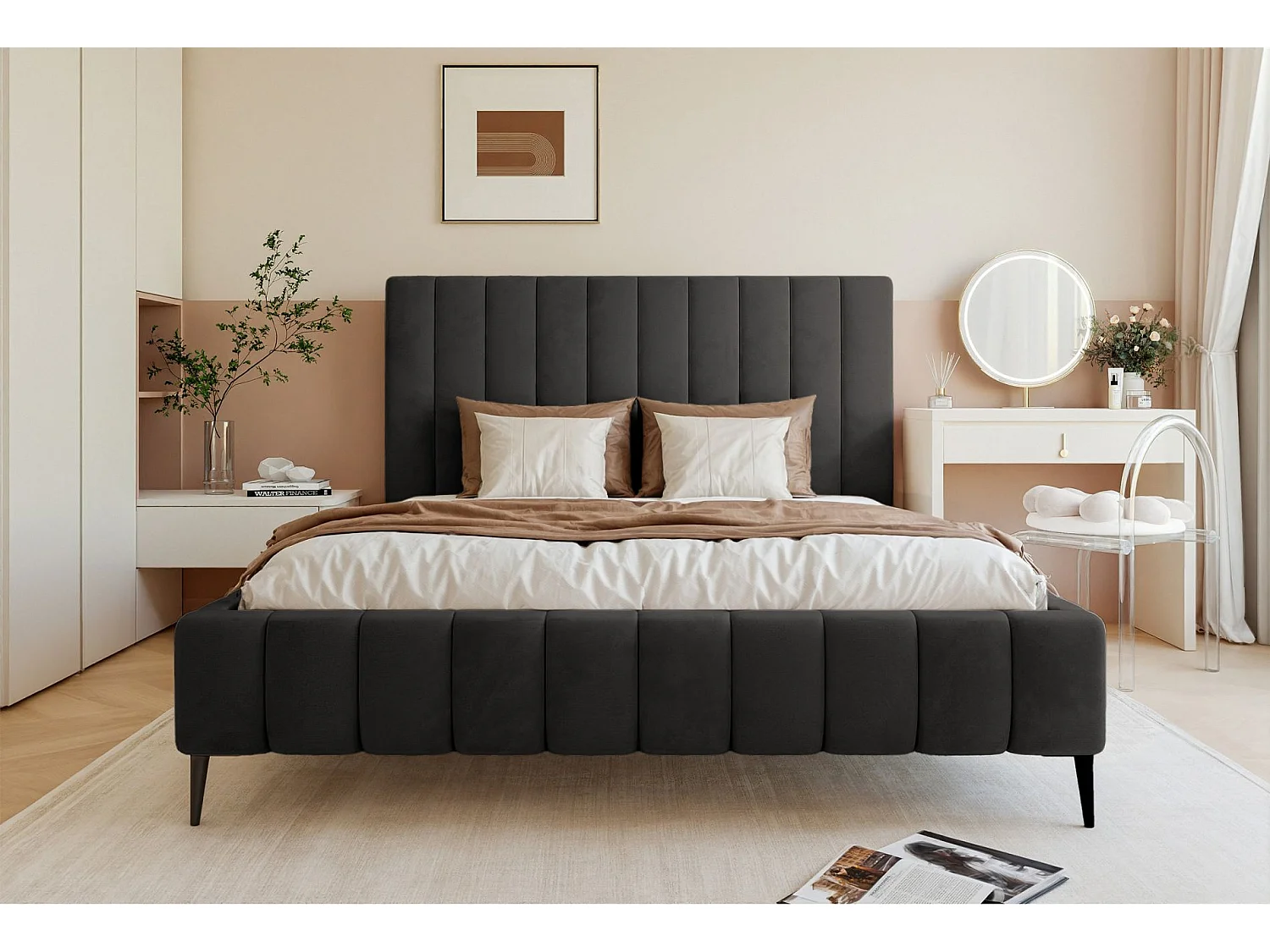 Opbergbed met poten - 160x200 cm - in donkergrijze fluwelen stof - FIARRO