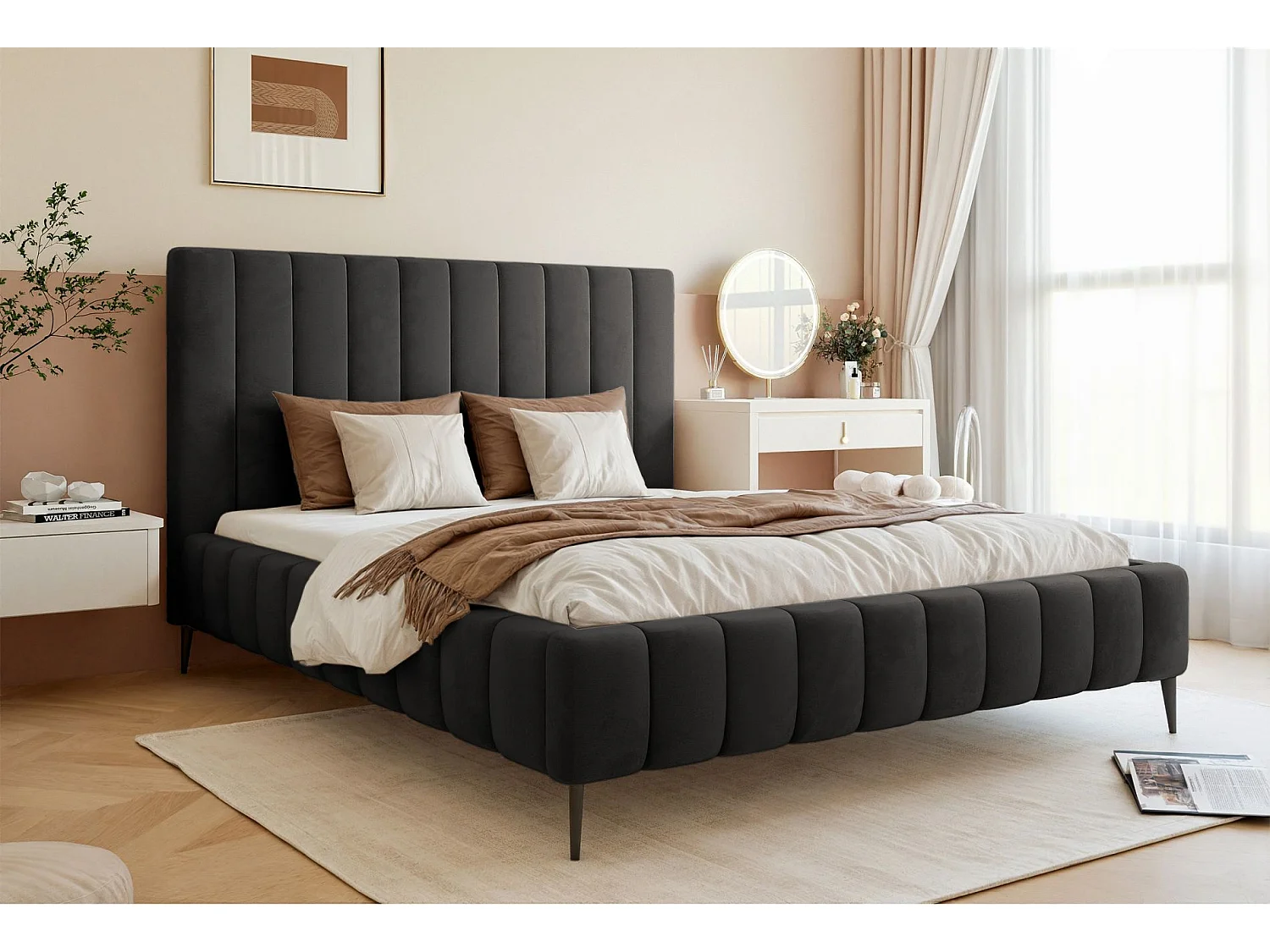 Lit coffre avec pieds - 160x200 cm - en tissu velours gris foncé - FIARRO