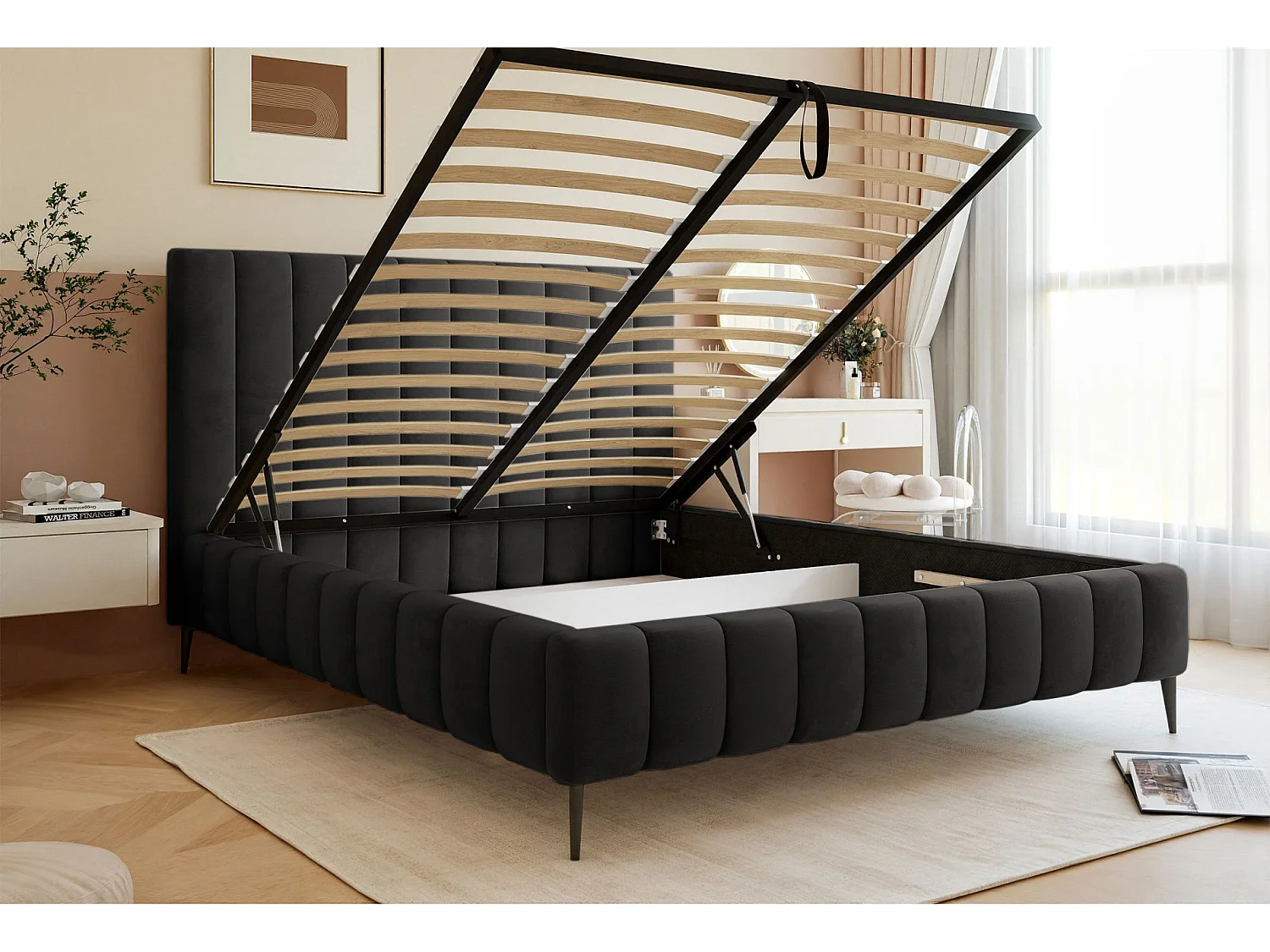 Lit coffre avec pieds - 160x200 cm - en tissu velours gris foncé - FIARRO