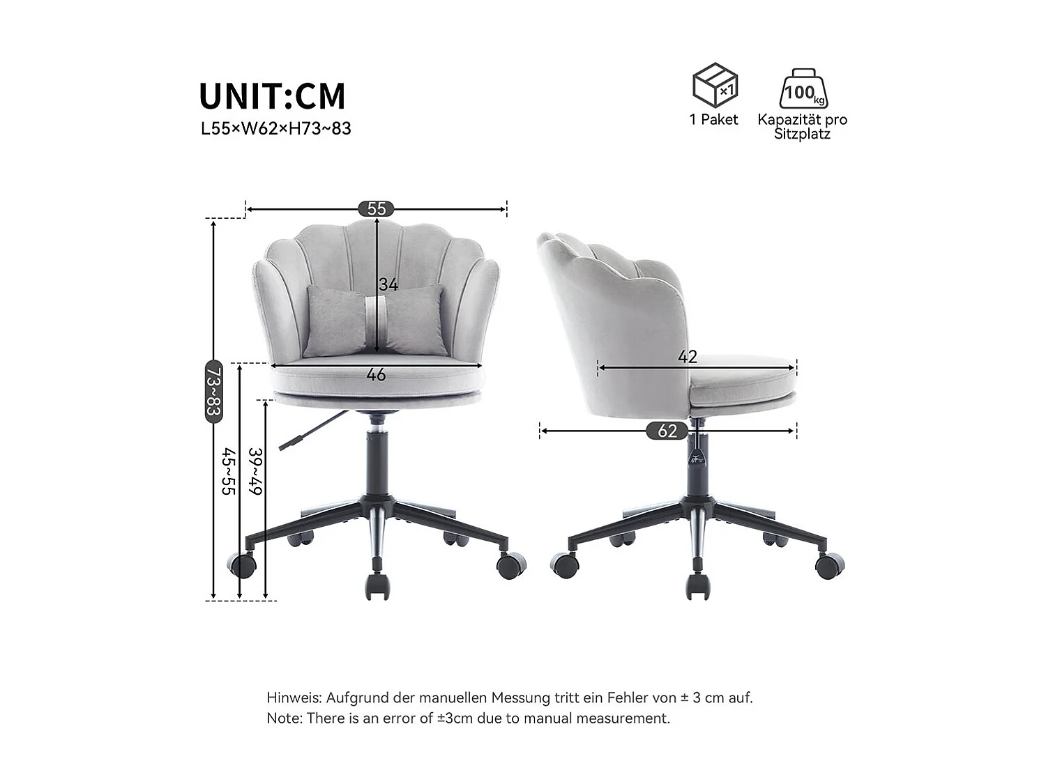 Chaise de bureau en forme de pétale coussin lombaire en forme de papillon réglable en hauteur coussin d'assise moelleux gris